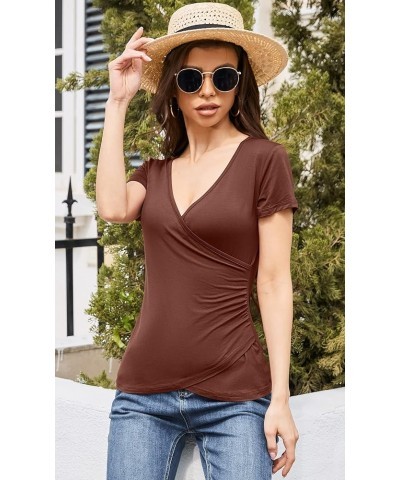 Women's Sexy Tops Deep V Neck Wrap T-Shirts Short Sleeve Criss Cross Ruched Blouses Shirts Tops Coffee $10.07 T-Shirts