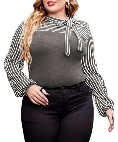 Plus Size Blouses for Women Tie-Bow Neck Striped Blouse Long Sleeve Shirt Splicing Office Work Shirts Tops Light Grey $10.81 ...