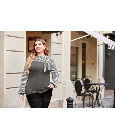 Plus Size Blouses for Women Tie-Bow Neck Striped Blouse Long Sleeve Shirt Splicing Office Work Shirts Tops Light Grey $10.81 ...