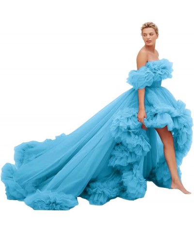 Women's High Low Tulle Prom Dresses Off Shoulder Ruffles Formal Evening Party Gowns Blue $74.00 Dresses