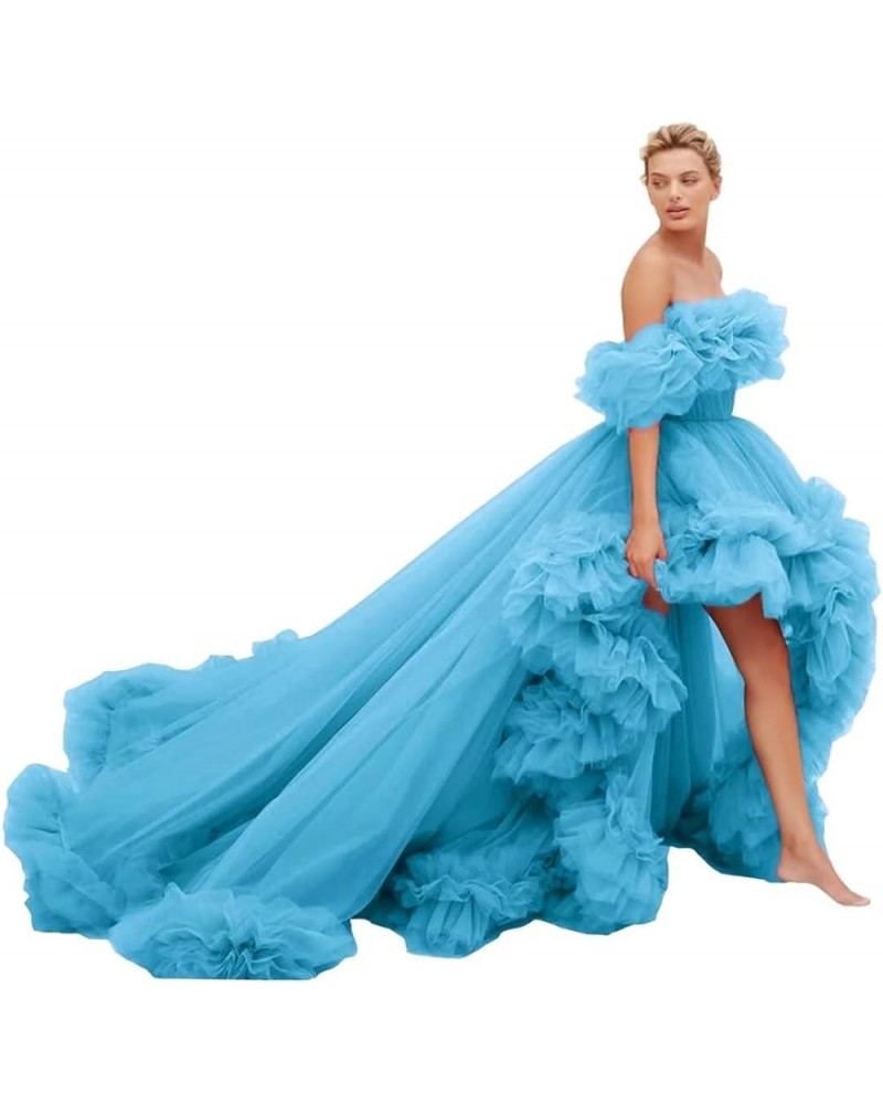 Women's High Low Tulle Prom Dresses Off Shoulder Ruffles Formal Evening Party Gowns Blue $74.00 Dresses