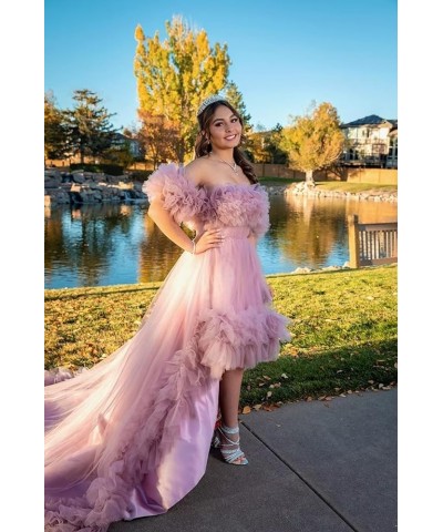 Women's High Low Tulle Prom Dresses Off Shoulder Ruffles Formal Evening Party Gowns Blue $74.00 Dresses