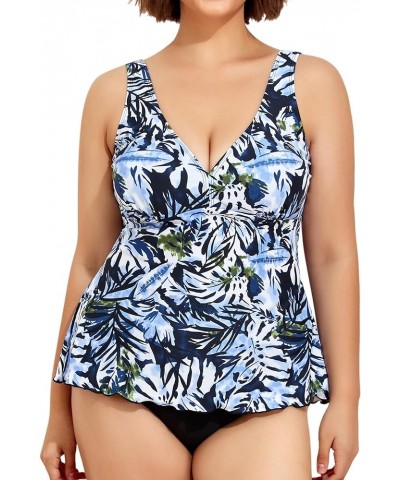 Plus Size Tankini Swimsuits for Women Tummy Control Two Piece Bathing Suit Flowy Tank Top with Bottom 2_navy Leaf $18.90 Swim...