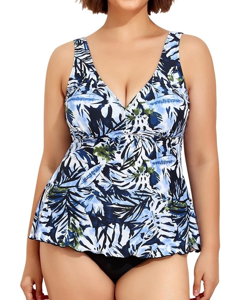 Plus Size Tankini Swimsuits for Women Tummy Control Two Piece Bathing Suit Flowy Tank Top with Bottom 2_navy Leaf $18.90 Swim...