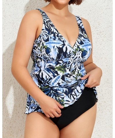 Plus Size Tankini Swimsuits for Women Tummy Control Two Piece Bathing Suit Flowy Tank Top with Bottom 2_navy Leaf $18.90 Swim...