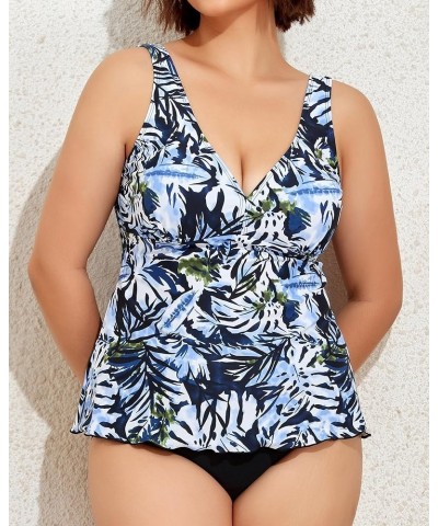 Plus Size Tankini Swimsuits for Women Tummy Control Two Piece Bathing Suit Flowy Tank Top with Bottom 2_navy Leaf $18.90 Swim...