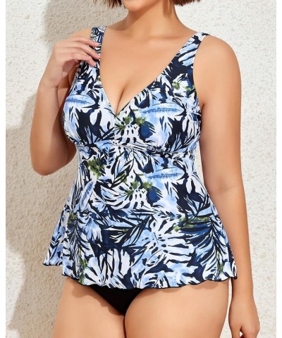 Plus Size Tankini Swimsuits for Women Tummy Control Two Piece Bathing Suit Flowy Tank Top with Bottom 2_navy Leaf $18.90 Swim...