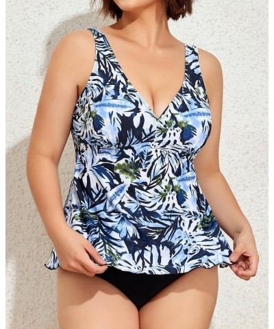 Plus Size Tankini Swimsuits for Women Tummy Control Two Piece Bathing Suit Flowy Tank Top with Bottom 2_navy Leaf $18.90 Swim...