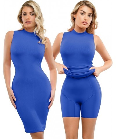 Shaper Dress Midi Bodycon Dresses - Mock Neck Built in Shapewear Bra 9 in 1 Sleeveless Slip Dress for Women Blue $35.64 Lingerie