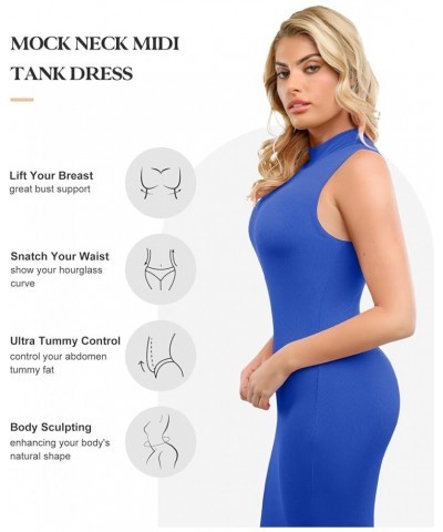 Shaper Dress Midi Bodycon Dresses - Mock Neck Built in Shapewear Bra 9 in 1 Sleeveless Slip Dress for Women Blue $35.64 Lingerie