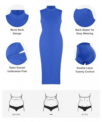 Shaper Dress Midi Bodycon Dresses - Mock Neck Built in Shapewear Bra 9 in 1 Sleeveless Slip Dress for Women Blue $35.64 Lingerie