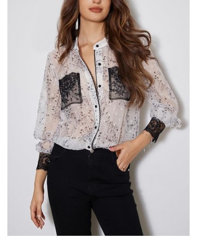 Women's Shirt Lightweight Sheer Mesh Button Shirts Long Sleeve Collarless Pocket Lace Tops Casual Blouses Black $14.31 Blouses