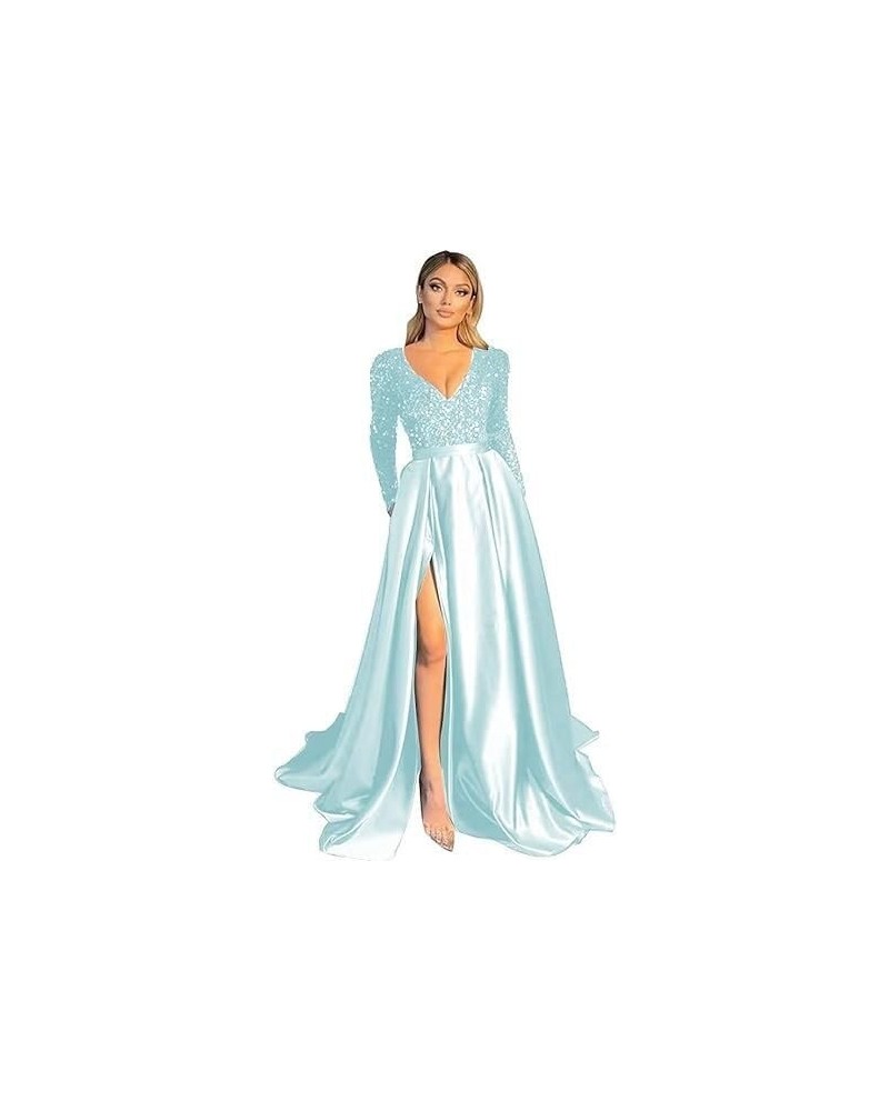 Long Sleeve Sequin Prom Dresses with Pockets Satin Evening Gown V Neck Ball Gowns with Slit Light Blue $44.29 Dresses