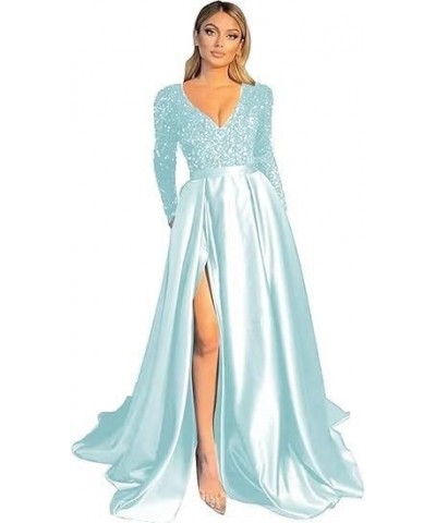 Long Sleeve Sequin Prom Dresses with Pockets Satin Evening Gown V Neck Ball Gowns with Slit Light Blue $44.29 Dresses