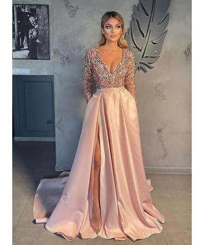 Long Sleeve Sequin Prom Dresses with Pockets Satin Evening Gown V Neck Ball Gowns with Slit Light Blue $44.29 Dresses