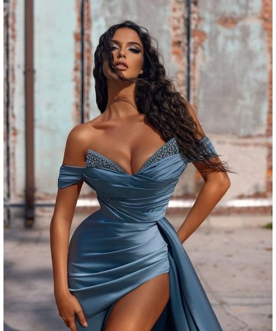 Off Shoulder Mermaid Prom Dresses Satin Ball Gowns with Long Slit Beaded Formal Evening Party Gowns Mint $34.04 Dresses