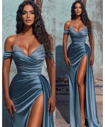 Off Shoulder Mermaid Prom Dresses Satin Ball Gowns with Long Slit Beaded Formal Evening Party Gowns Mint $34.04 Dresses