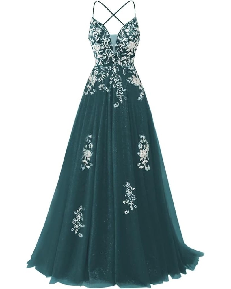 Spaghetti Straps Tulle Prom Dresses Long Sparkly Sequin Appliques Ball Gown V Neck Formal Evening Gowns for Women Peacock $41...