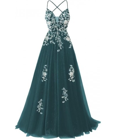 Spaghetti Straps Tulle Prom Dresses Long Sparkly Sequin Appliques Ball Gown V Neck Formal Evening Gowns for Women Peacock $41...