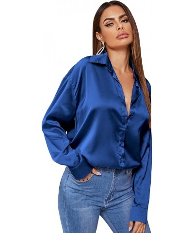 Women's Satin Silk Long Sleeve Button Down Shirt Office Work Blouse Top Pure Royal Blue Satin Silk $14.24 Blouses