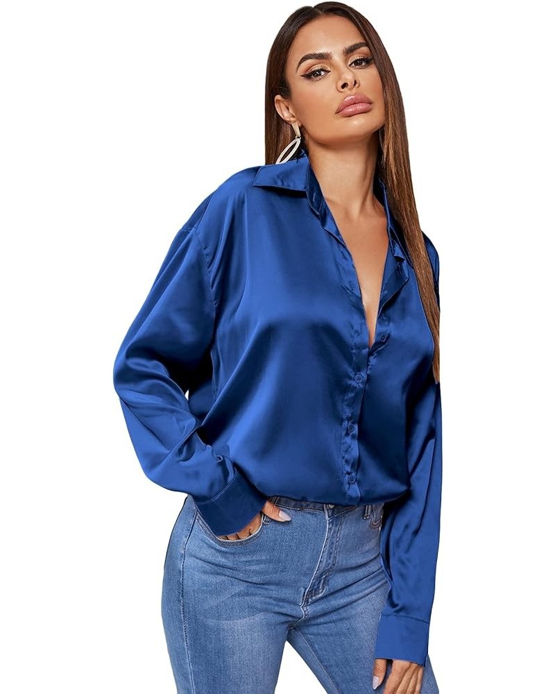 Women's Satin Silk Long Sleeve Button Down Shirt Office Work Blouse Top Pure Royal Blue Satin Silk $14.24 Blouses