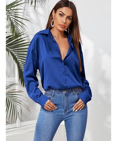 Women's Satin Silk Long Sleeve Button Down Shirt Office Work Blouse Top Pure Royal Blue Satin Silk $14.24 Blouses