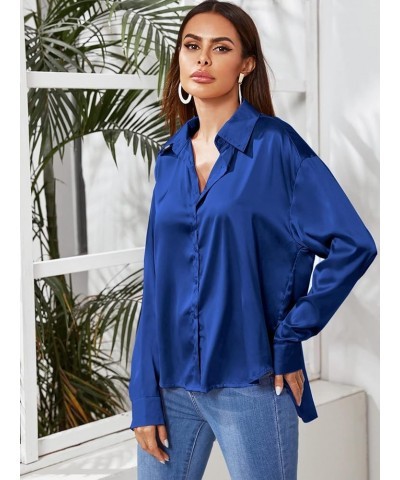 Women's Satin Silk Long Sleeve Button Down Shirt Office Work Blouse Top Pure Royal Blue Satin Silk $14.24 Blouses