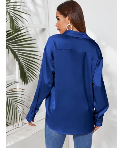 Women's Satin Silk Long Sleeve Button Down Shirt Office Work Blouse Top Pure Royal Blue Satin Silk $14.24 Blouses