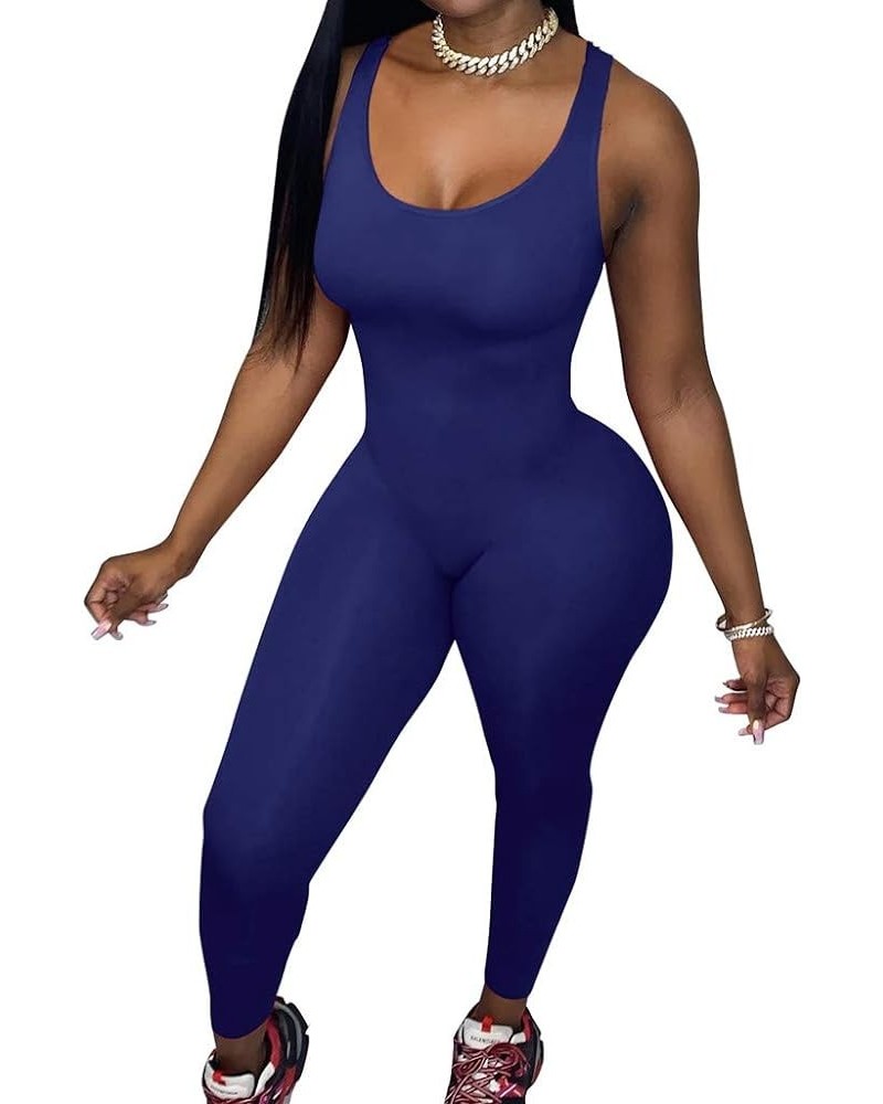 Jumpsuits for Women Workout Seamless Jumpsuit Yoga Ribbed Bodycon One Piece Square Neck Leggings Romper X01navy $7.72 Jumpsuits