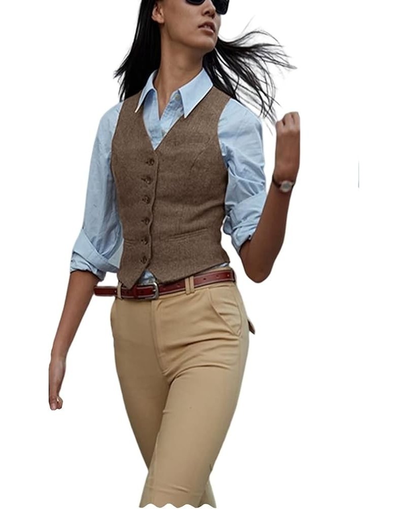 Women's Herringbone Tweed Waistcoat Slim Fit V-Neck Dressy Suit Vest Khaki $13.18 Vests