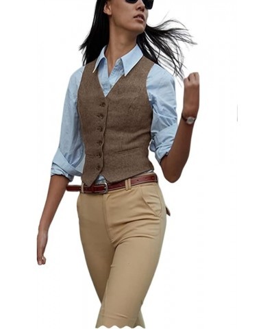 Women's Herringbone Tweed Waistcoat Slim Fit V-Neck Dressy Suit Vest Khaki $13.18 Vests