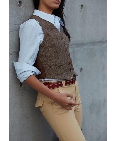 Women's Herringbone Tweed Waistcoat Slim Fit V-Neck Dressy Suit Vest Khaki $13.18 Vests