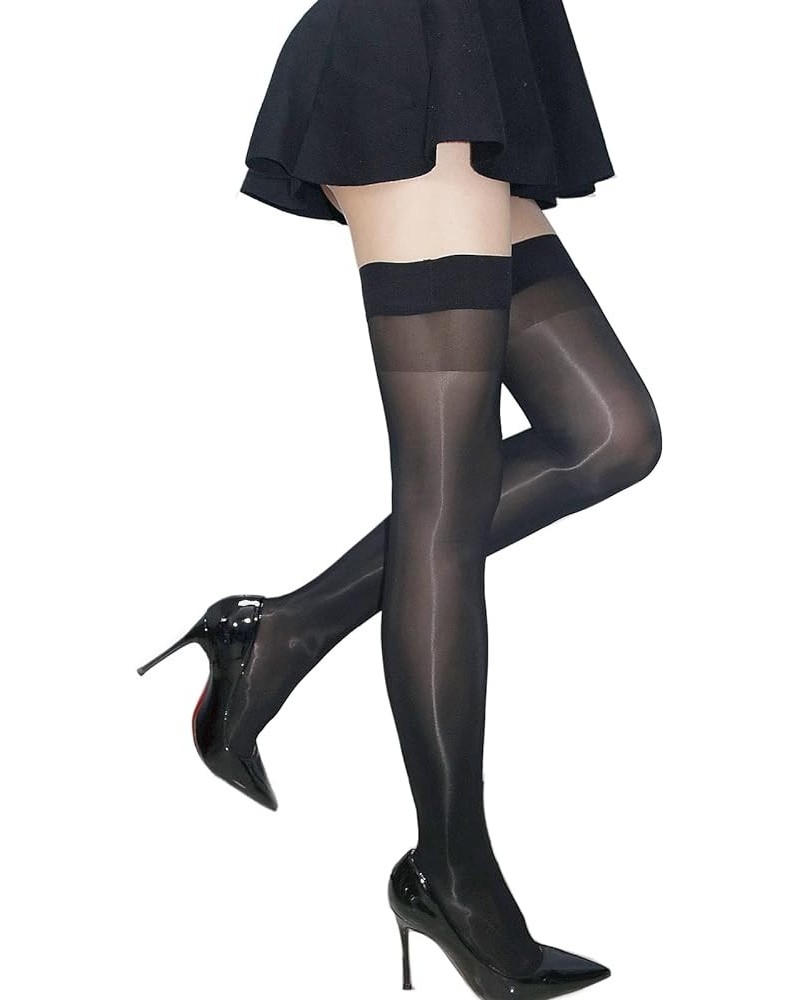 Shiny Women's Sheer Thigh High High Elastic Stockings Black Band Silicone No Slip Hosiery Black $9.35 Socks