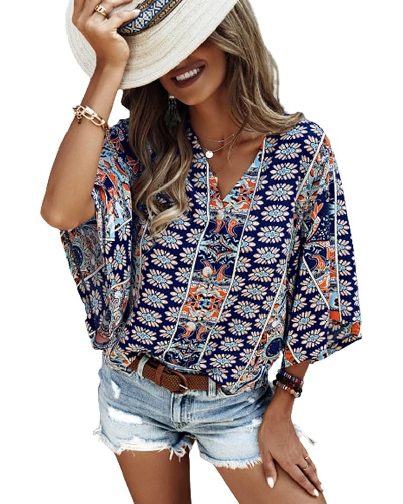 Women's Boho Print V Neck 3/4 Bell Sleeve Button Front Summer Blouse Top Navy Blue Print $14.24 Blouses