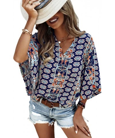 Women's Boho Print V Neck 3/4 Bell Sleeve Button Front Summer Blouse Top Navy Blue Print $14.24 Blouses