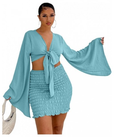 Women's 2 Piece Outfits Tie Knot Front Bell Long Sleeve Crop Top and Mini Skirt Set Solid Light Blue $19.25 Suits