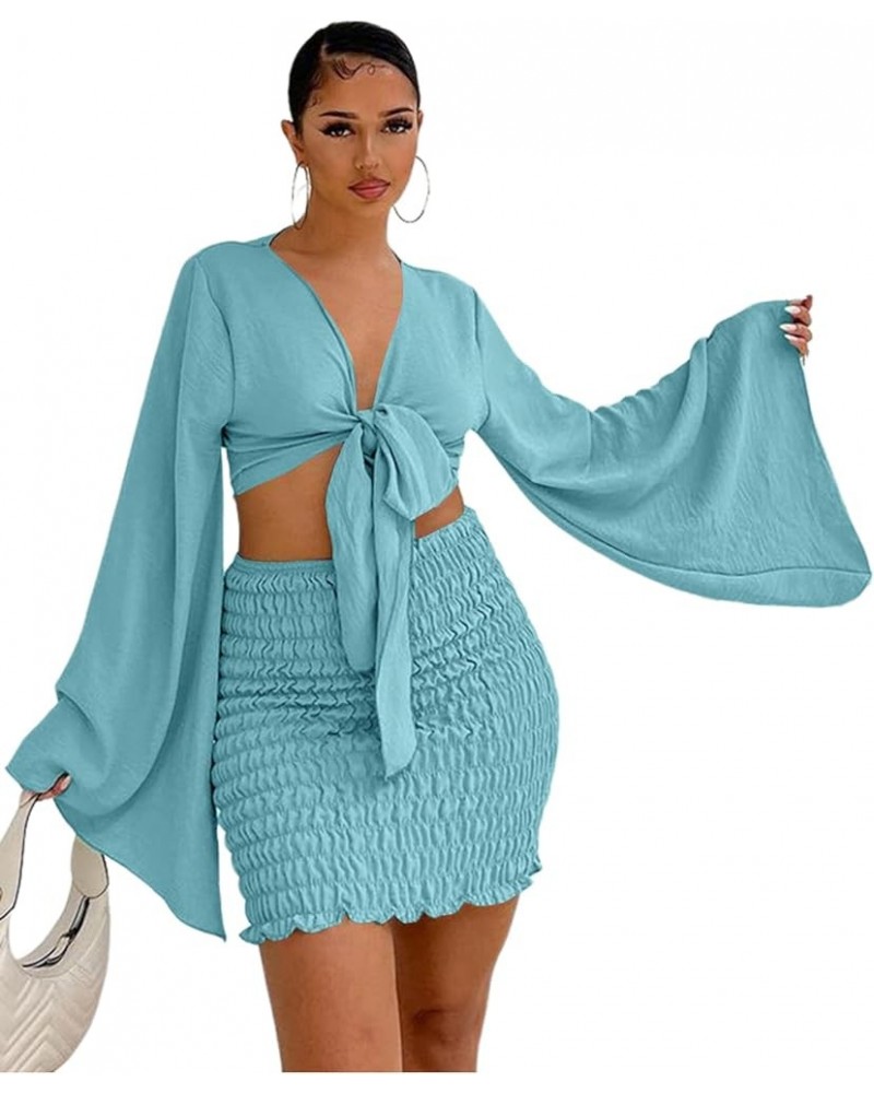 Women's 2 Piece Outfits Tie Knot Front Bell Long Sleeve Crop Top and Mini Skirt Set Solid Light Blue $19.25 Suits