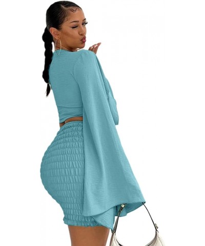 Women's 2 Piece Outfits Tie Knot Front Bell Long Sleeve Crop Top and Mini Skirt Set Solid Light Blue $19.25 Suits