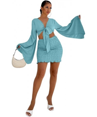 Women's 2 Piece Outfits Tie Knot Front Bell Long Sleeve Crop Top and Mini Skirt Set Solid Light Blue $19.25 Suits