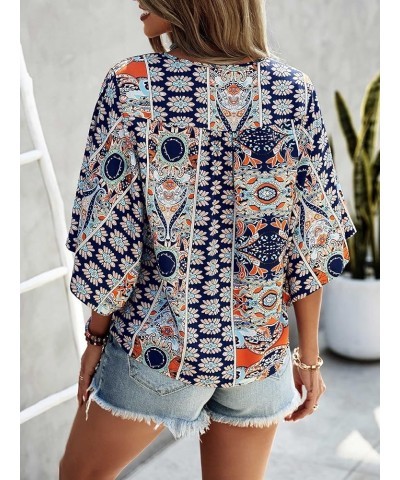 Women's Boho Print V Neck 3/4 Bell Sleeve Button Front Summer Blouse Top Navy Blue Print $14.24 Blouses