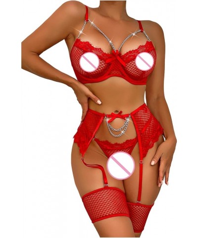 Women Sexy Lingerie Set Underwear Lace Bowknot See Through Sleepwear Intimates Thong With Garter Panty Chemise 04 Red $9.54 L...