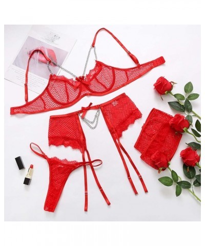 Women Sexy Lingerie Set Underwear Lace Bowknot See Through Sleepwear Intimates Thong With Garter Panty Chemise 04 Red $9.54 L...