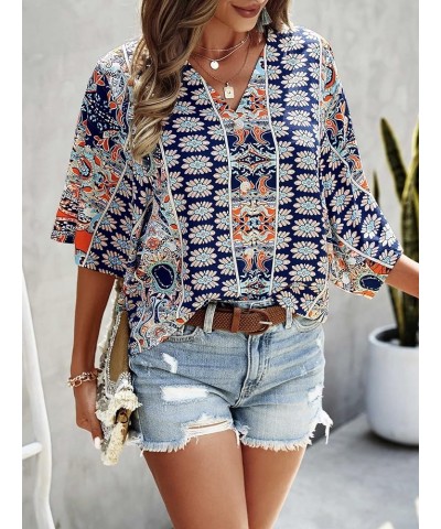 Women's Boho Print V Neck 3/4 Bell Sleeve Button Front Summer Blouse Top Navy Blue Print $14.24 Blouses