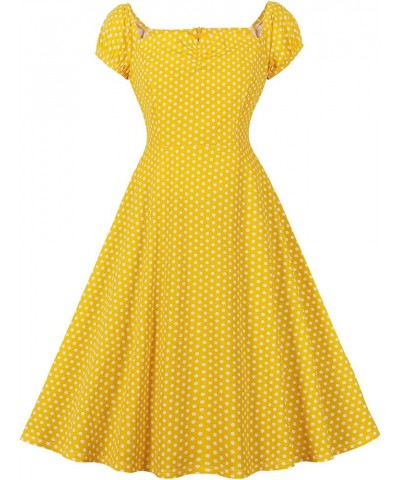 Women's Convertible Off Shoulder Tie Ruched Front 1950s Vintage Dress Bright Yellow $15.49 Dresses