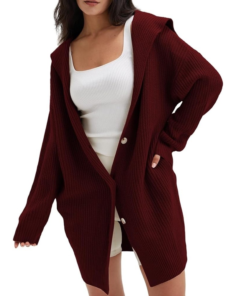 Women's Long Sleeve Open Front Cardigan 2023 Fall Casual Loose Button Down Lapel Knit Sweater Coat with Pockets Wine Red $24....