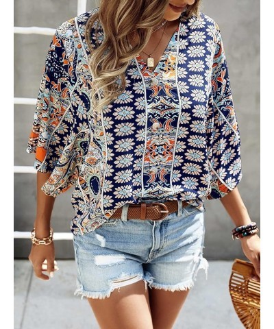 Women's Boho Print V Neck 3/4 Bell Sleeve Button Front Summer Blouse Top Navy Blue Print $14.24 Blouses