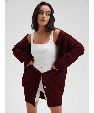 Women's Long Sleeve Open Front Cardigan 2023 Fall Casual Loose Button Down Lapel Knit Sweater Coat with Pockets Wine Red $24....