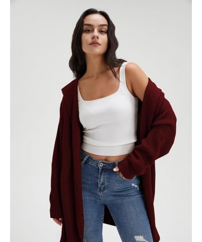 Women's Long Sleeve Open Front Cardigan 2023 Fall Casual Loose Button Down Lapel Knit Sweater Coat with Pockets Wine Red $24....