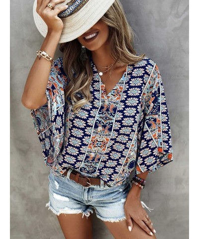 Women's Boho Print V Neck 3/4 Bell Sleeve Button Front Summer Blouse Top Navy Blue Print $14.24 Blouses