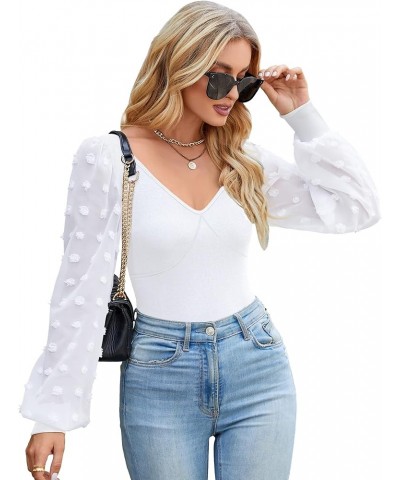 Women's Puff Sleeve Black Bodysuit Short Sleeve Body suit Scoop Neck Slim Fit Basic Jumpsuit White-long Sleeve-v Neck $9.50 B...